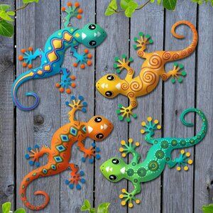 4 Metal Gecko Wall Decorations for Outdoor or Indoor Very Colorful Gecko's
